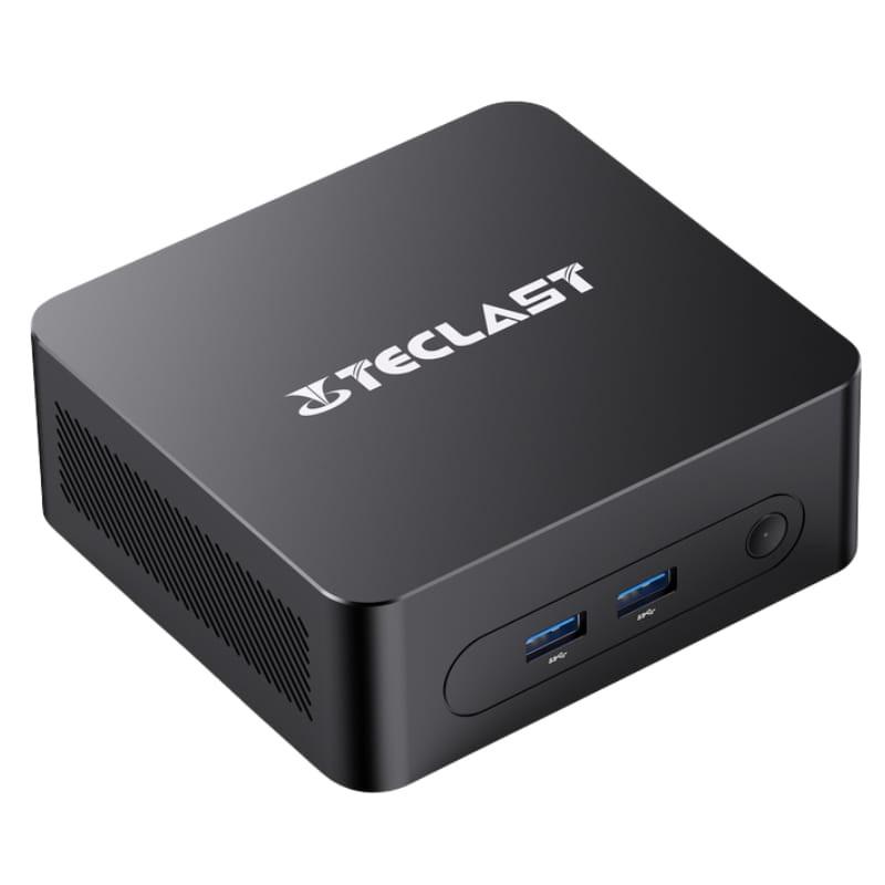 Mini PC Teclast N30 negro compacto con carcasa metálica, ventilación lateral, 2 puertos USB 3.0 frontales y botón de encendido; diseño sobrio y portátil