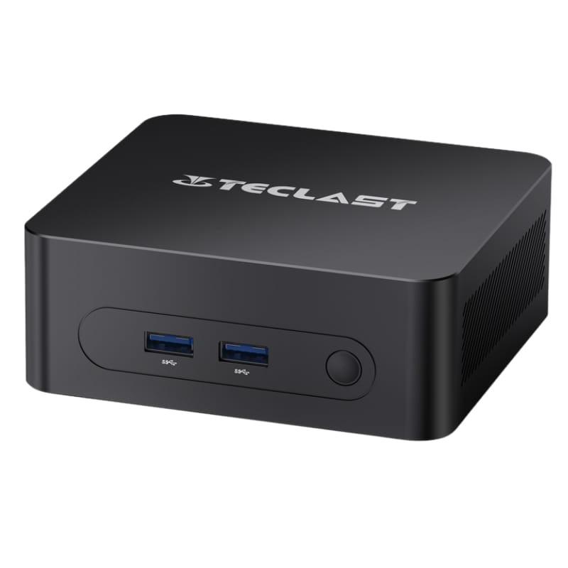 Teclast N30 Mini PC negro, compacto y minimalista, con dos puertos USB frontales, botón de encendido, ventilación lateral y logo Teclast en la tapa
