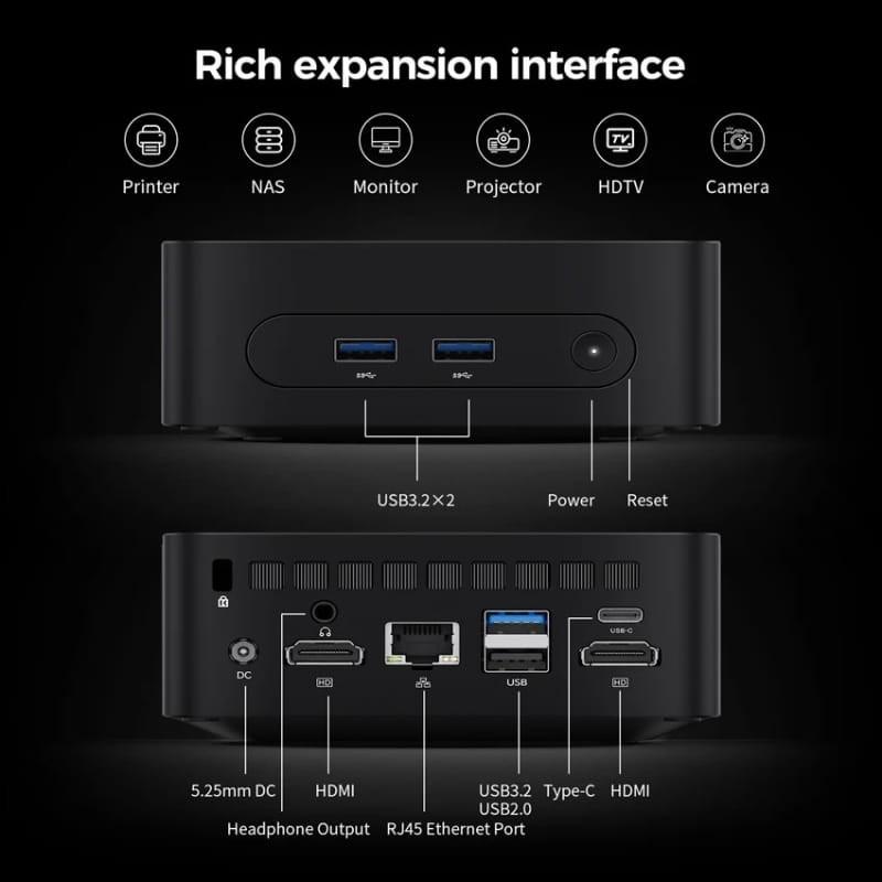 Teclast N30 Mini PC con puertos frontales USB 3.2 x2 y botones power/reset; trasera con HDMI x2, USB 3.2, USB 2.0 x2, Type‑C, RJ45, salida de audio y DC