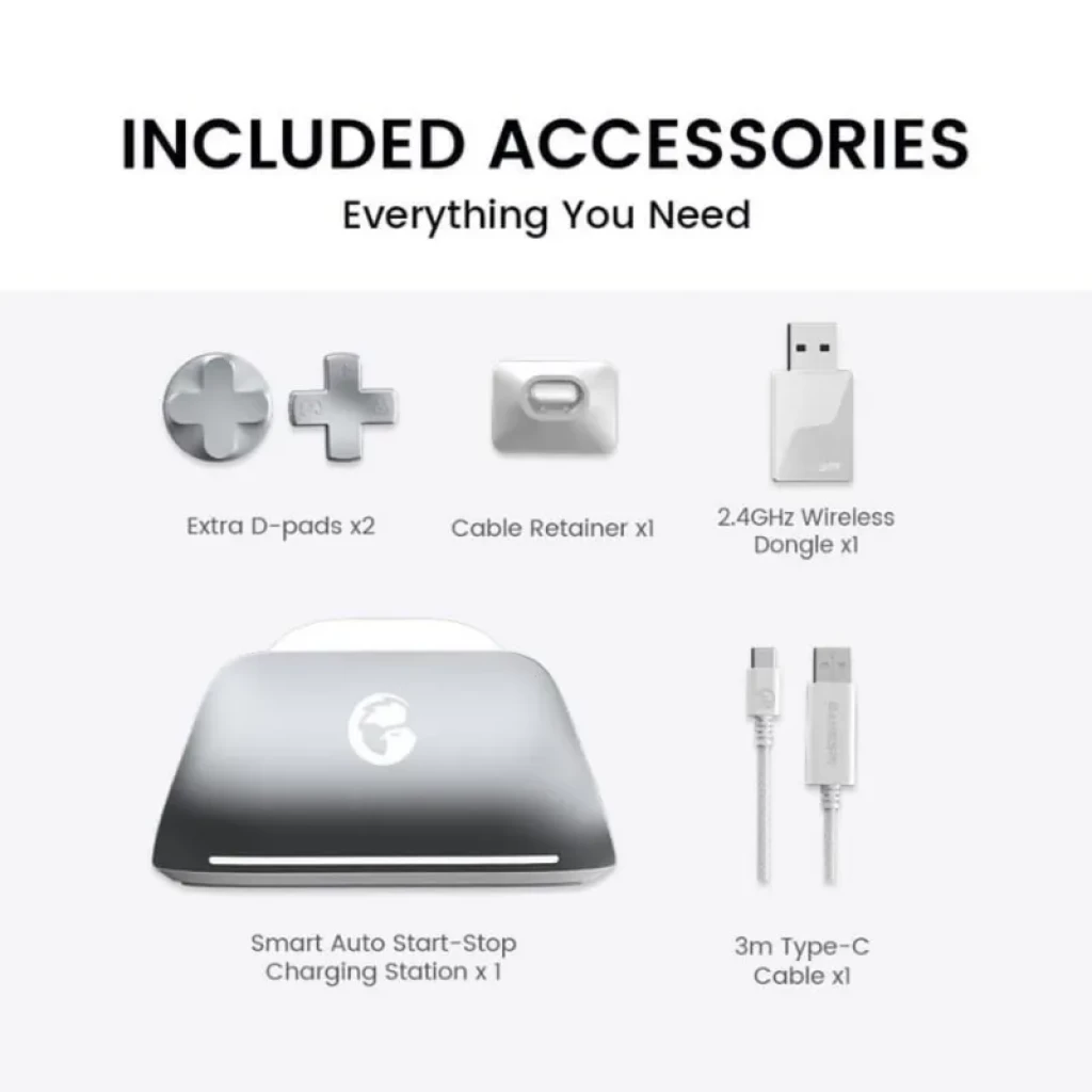 Accesorios Mando GameSir G7 Pro Blanco: 2 crucetas extra, sujetacable, dongle inalámbrico 2.4 GHz, base de carga auto start-stop y cable USB-C 3 m