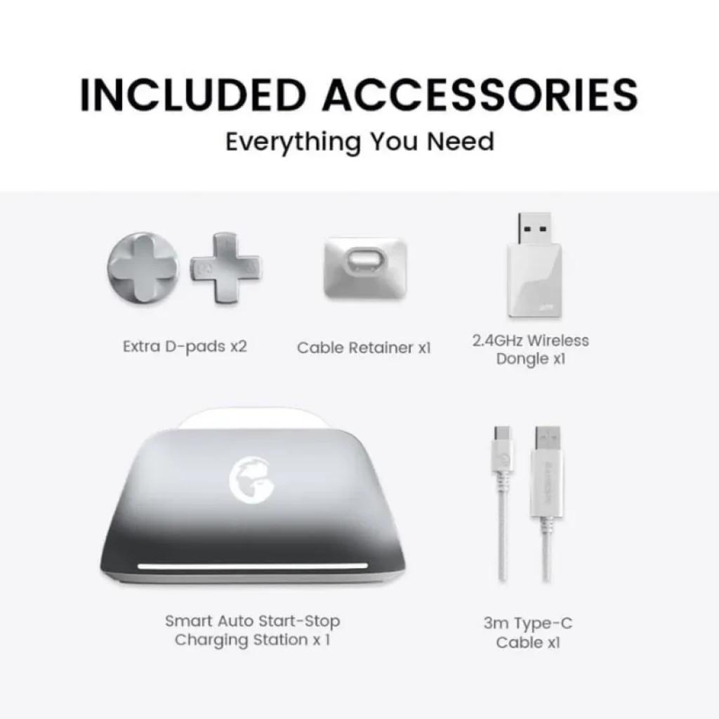 Accesorios Mando GameSir G7 Pro Blanco: 2 crucetas extra, sujetacable, dongle inalámbrico 2.4 GHz, base de carga auto start-stop y cable USB-C 3 m