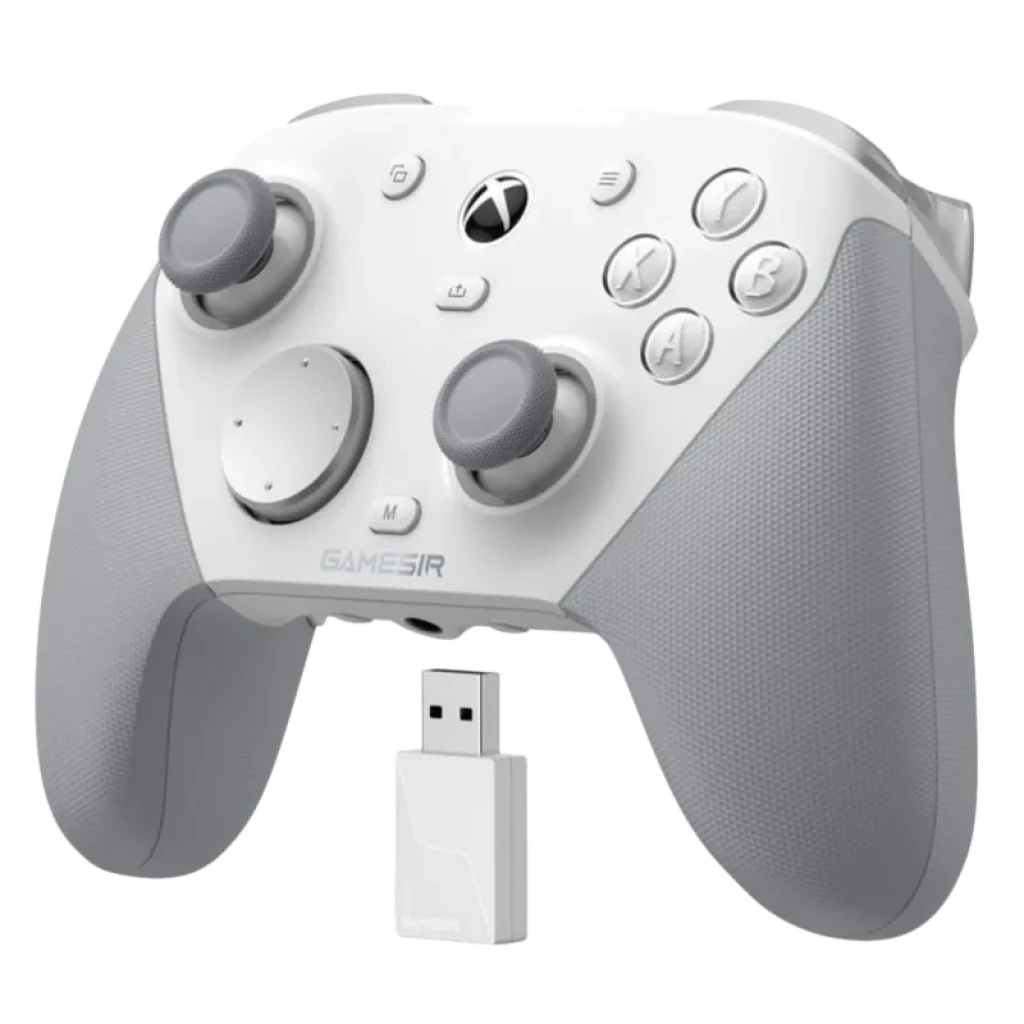 Mando GameSir G7 Pro Blanco con diseño ergonómico, joysticks y gatillos grises, botones ABXY, cruceta metálica y dongle USB incluido