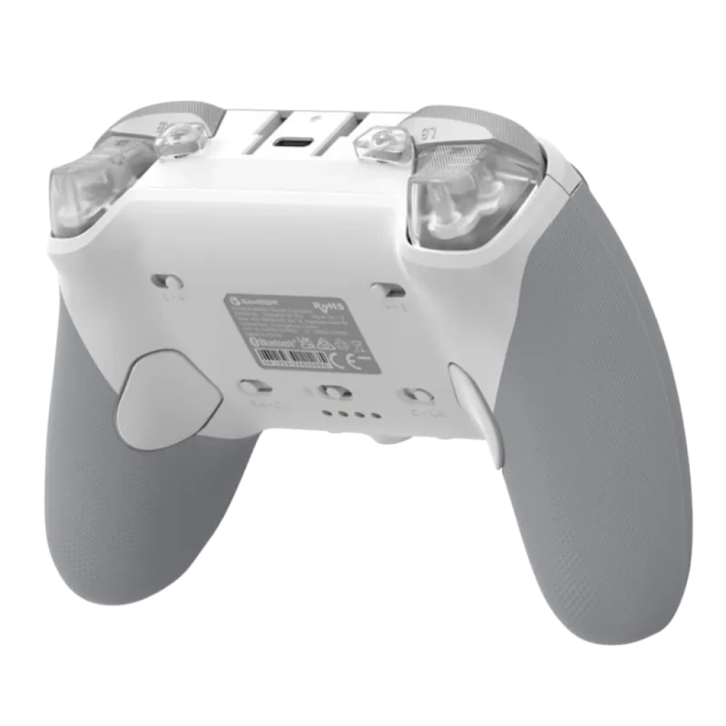 Mando GameSir G7 Pro Blanco con agarres texturizados grises, gatillos traslúcidos, botones traseros programables y diseño ergonómico para juego preciso
