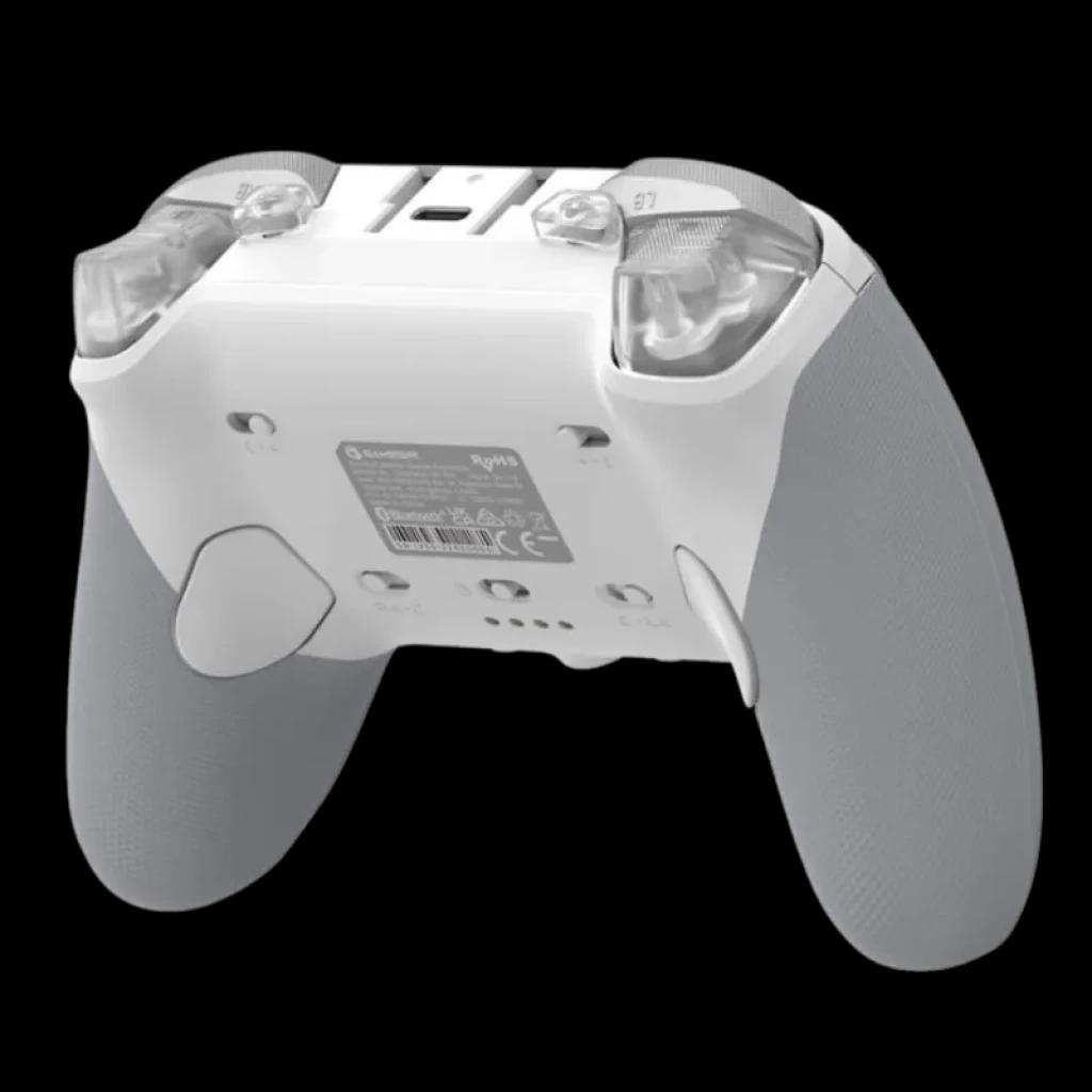 Mando GameSir G7 Pro Blanco con agarres texturizados grises, gatillos traslúcidos, botones traseros programables y diseño ergonómico para juego preciso