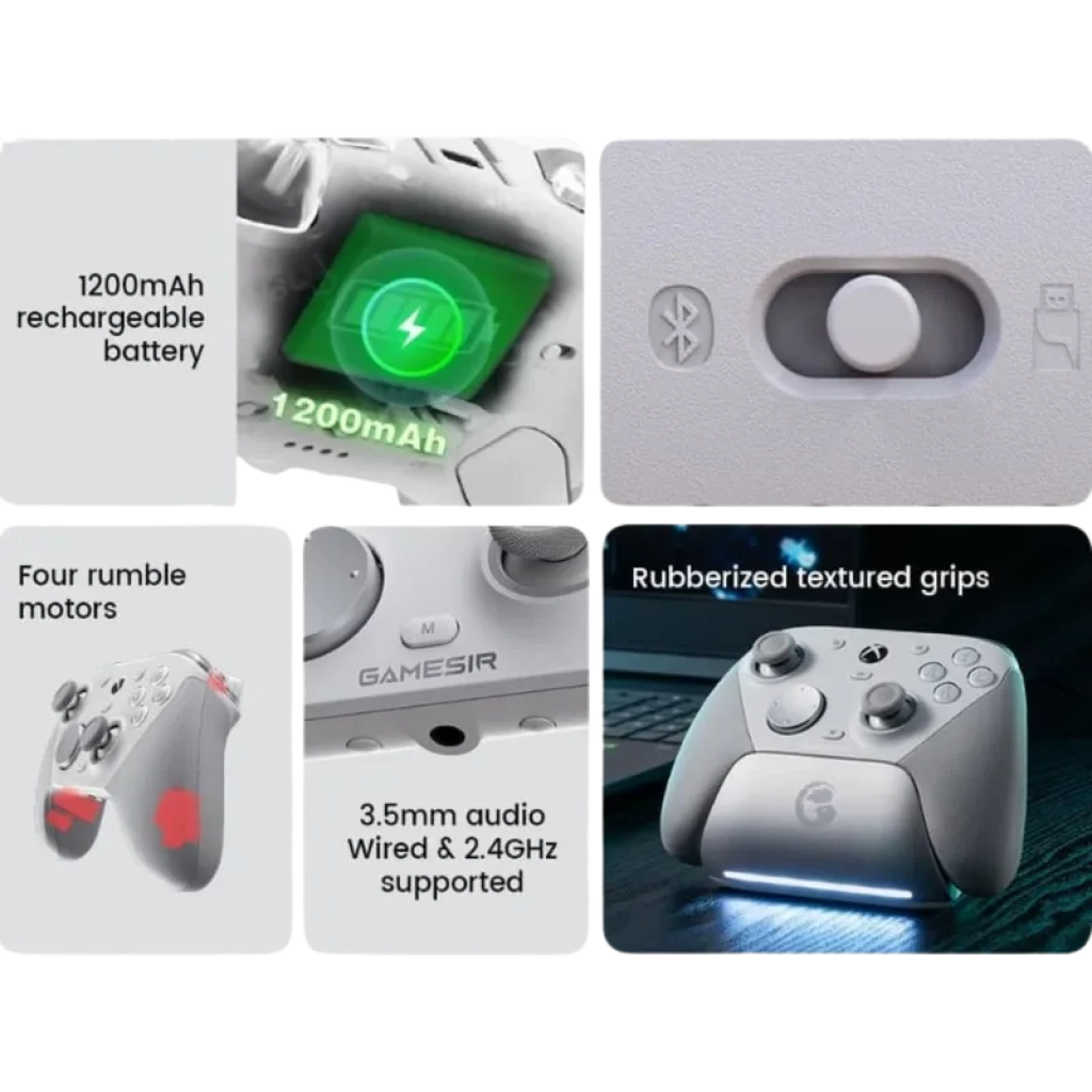 Mando GameSir G7 Pro Blanco con agarres texturizados, batería 1200 mAh, motores de vibración, luz frontal, Bluetooth, 3.5 mm y conexión por cable y 2.4 GHz