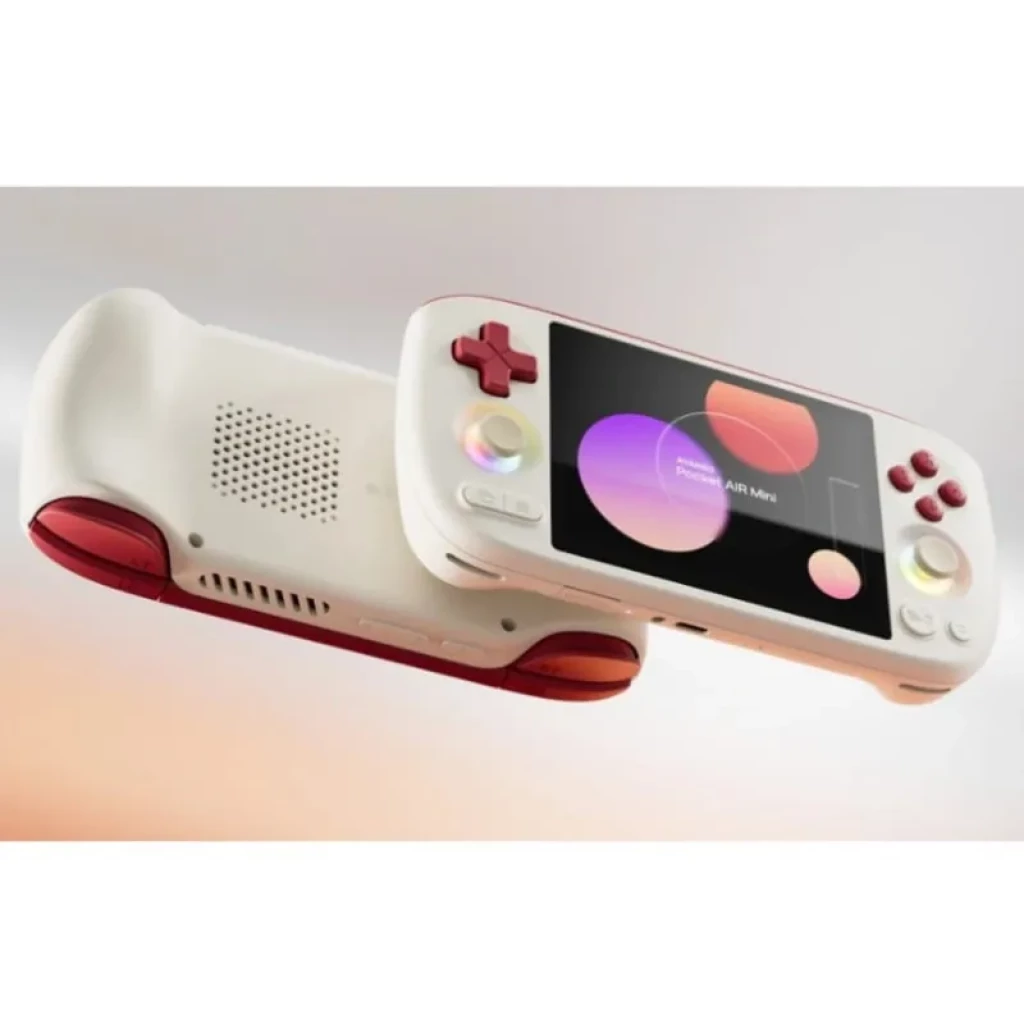 Ayaneo Pocket AIR Mini blanc rétro avec écran large, boutons rouges en croix et sticks analogiques, haut-parleur arrière et coques bicolores blanc rouge