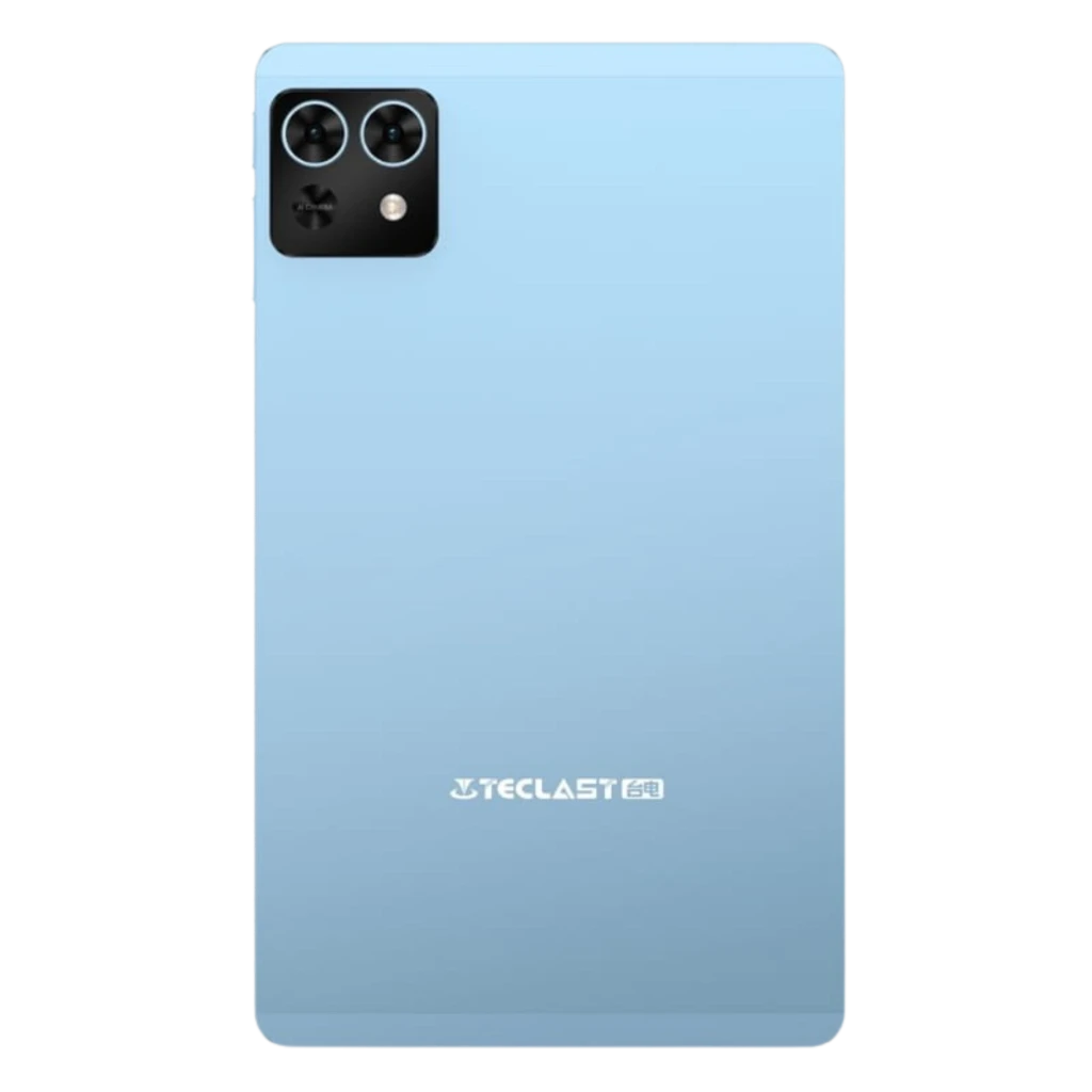 Tablet Teclast T50 Mini azul con trasera lisa y logo centrado, módulo de cámara rectangular negro con doble lente y flash en la esquina superior izquierda