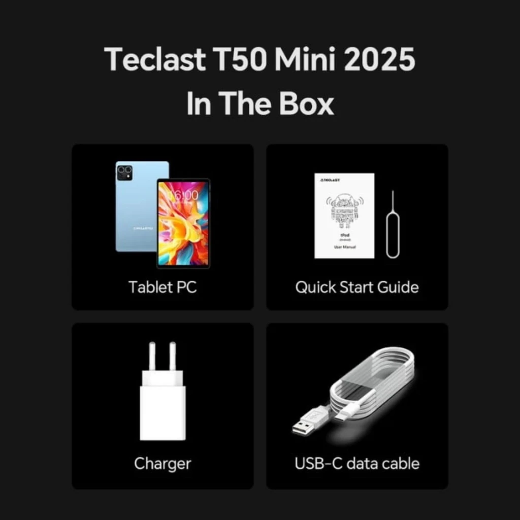 Teclast T50 Mini 8,7 8GB/128GB WiFi + 4G con tablet plateada, pantalla vibrante, cámara trasera dual, cargador, cable USB-C y guía rápida en la caja