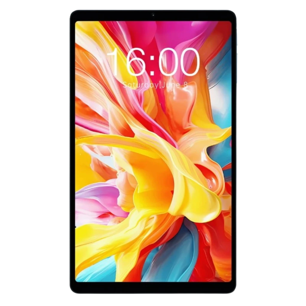 Tablet Teclast T50 Mini 8,7 con pantalla casi sin bordes, cámara frontal centrada y diseño delgado en negro; interfaz colorida y vibrante en pantalla