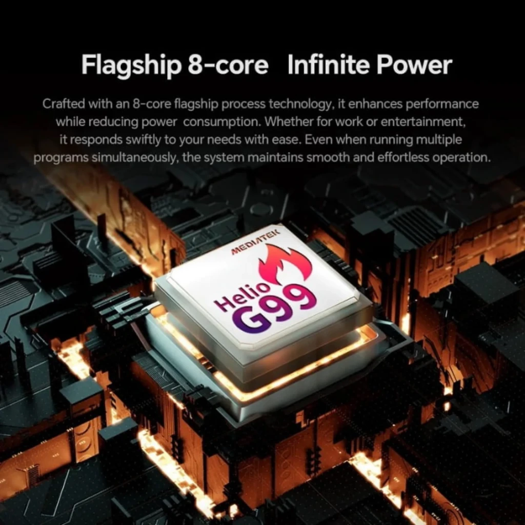 Chip MediaTek Helio G99 de 8 núcleos destacado sobre placa electrónica negra, diseño técnico con iluminación naranja que sugiere alto rendimiento y