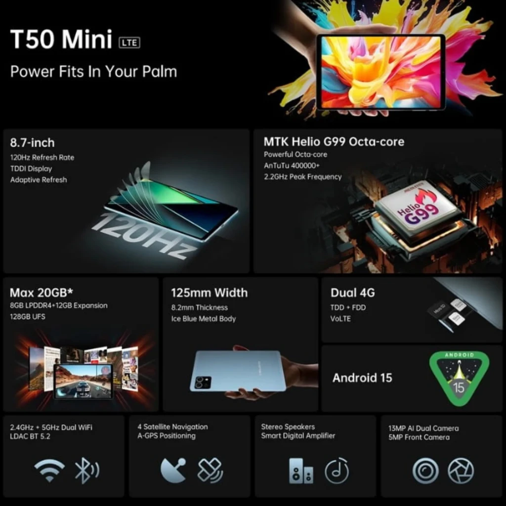 Tablet Teclast T50 Mini 8,7 pulgadas con pantalla 120 Hz, cuerpo metálico azul, marcos delgados, cámara trasera doble con flash y frontal centrada