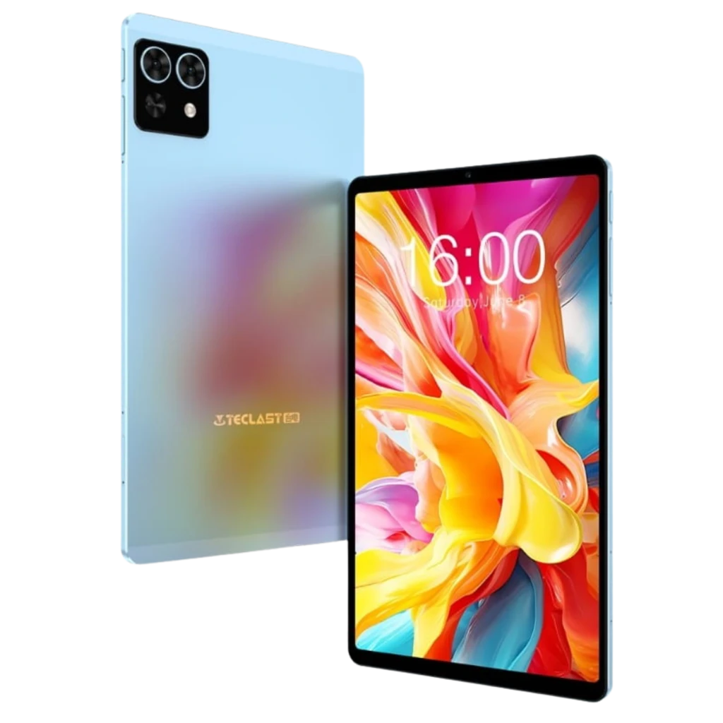 Tablet Teclast T50 Mini 8,7 con pantalla casi sin bordes, cuerpo metálico azul degradado, doble cámara trasera y frontal centrada; 8GB RAM y 128GB