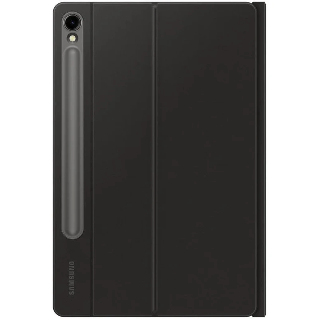 Funda negra para Galaxy Tab S11 con pliegues tipo tríptico, textura mate y canal lateral para S Pen; recorte para cámara trasera con anillo metálico