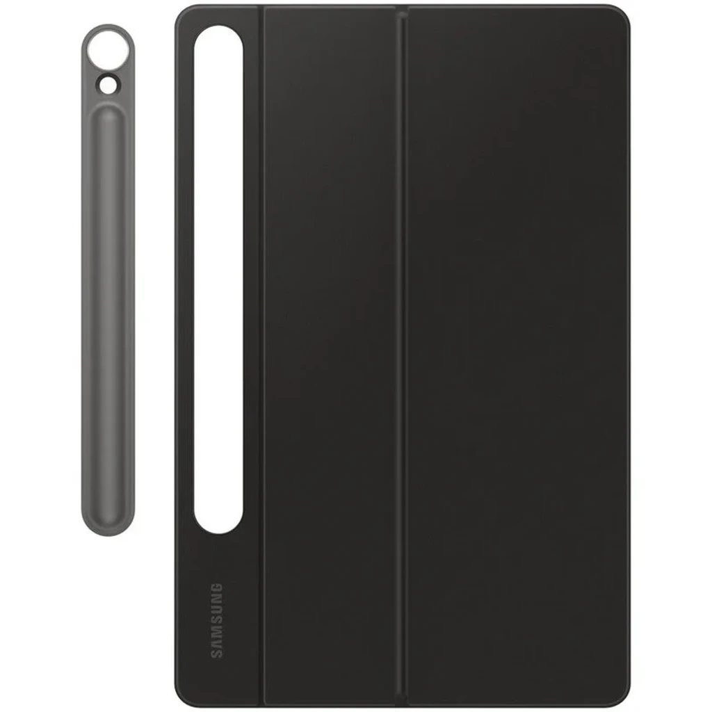 Funda negra plegable para Galaxy Tab S11 con ranura lateral para S Pen y acabado liso; incluye estuche tubular para lápiz en color gris oscuro