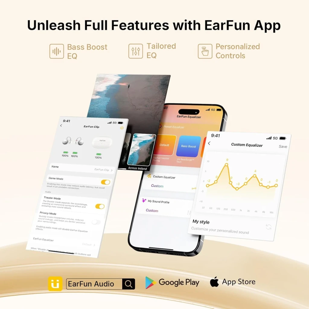 Earfun Clip Gris Blanco con app: ecualizador personalizado, Bass Boost, controles configurables. Compatible con iOS y Android. Interfaz clara y moderna