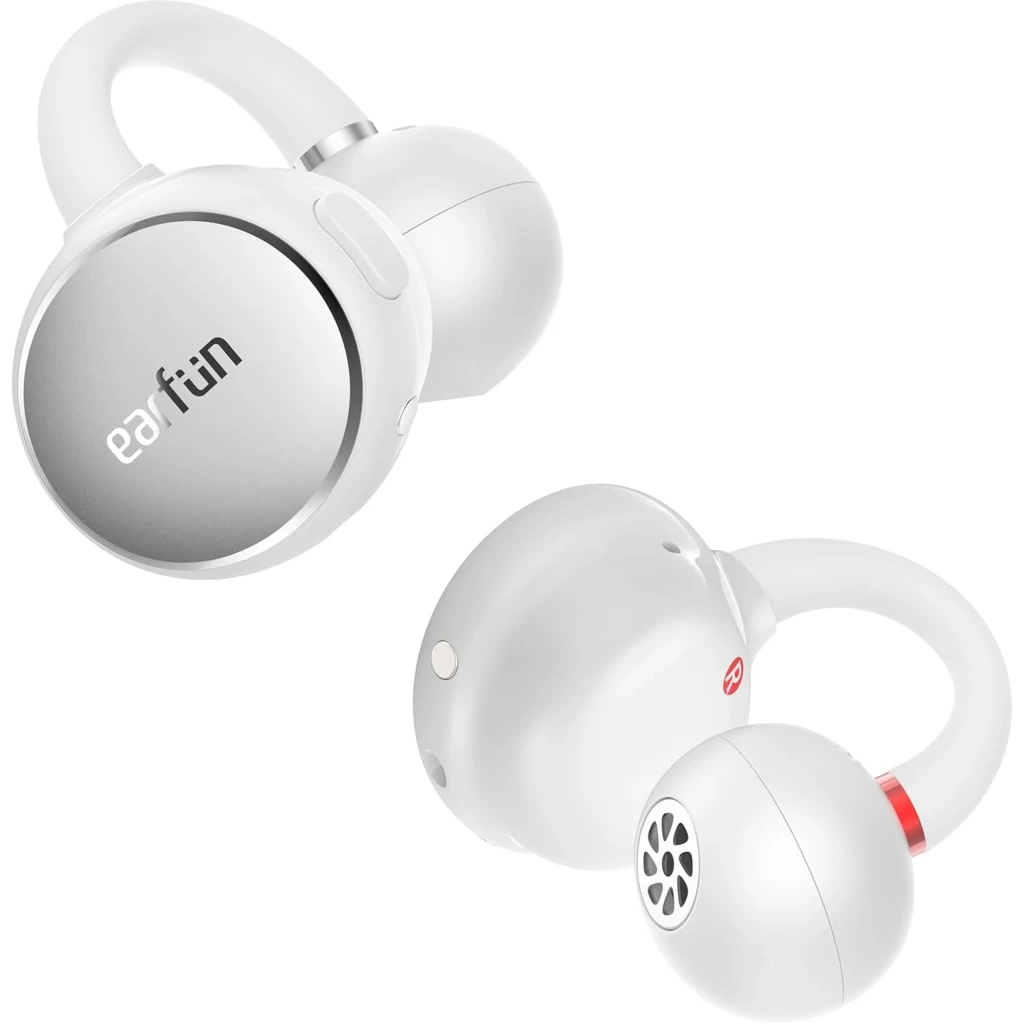 Earfun Clip Gris Blanc, écouteurs circulaires blancs et argent, design ergonomique à boucle d’oreille, embouts ronds ventilés, accents gris et rouge