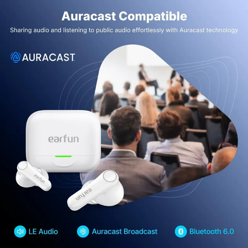 Earfun Air Pro 4+ ANC Branco: fones TWS brancos com haste curta e estojo compacto, destaque em ANC, Bluetooth 6.0, LE Audio e compatibilidade Auracast