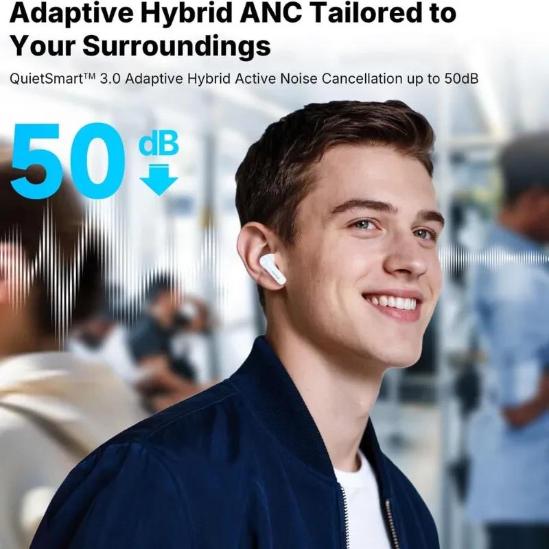 Écouteurs Earfun Air Pro 4+ ANC Bleu, intra-auriculaires bleus avec embouts blancs, design compact, réduction de bruit hybride jusqu’à 50 dB