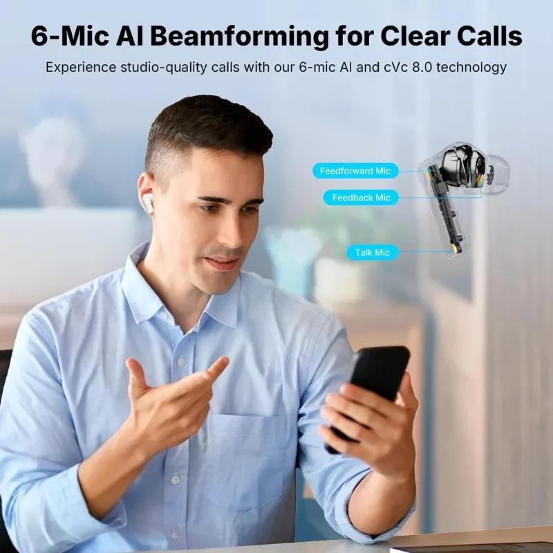 Earfun Air Pro 4+ ANC Bleu avec 6 micros et beamforming IA, embouts intra-auriculaires, boîtier bleu, design compact pour appels clairs et réduction de bruit