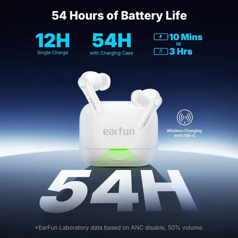 Earfun Air Pro 4+ ANC Bleu, écouteurs sans fil bleus avec boîtier blanc, indicateur LED vert, charge sans fil et USB C, autonomie jusqu à 54 h