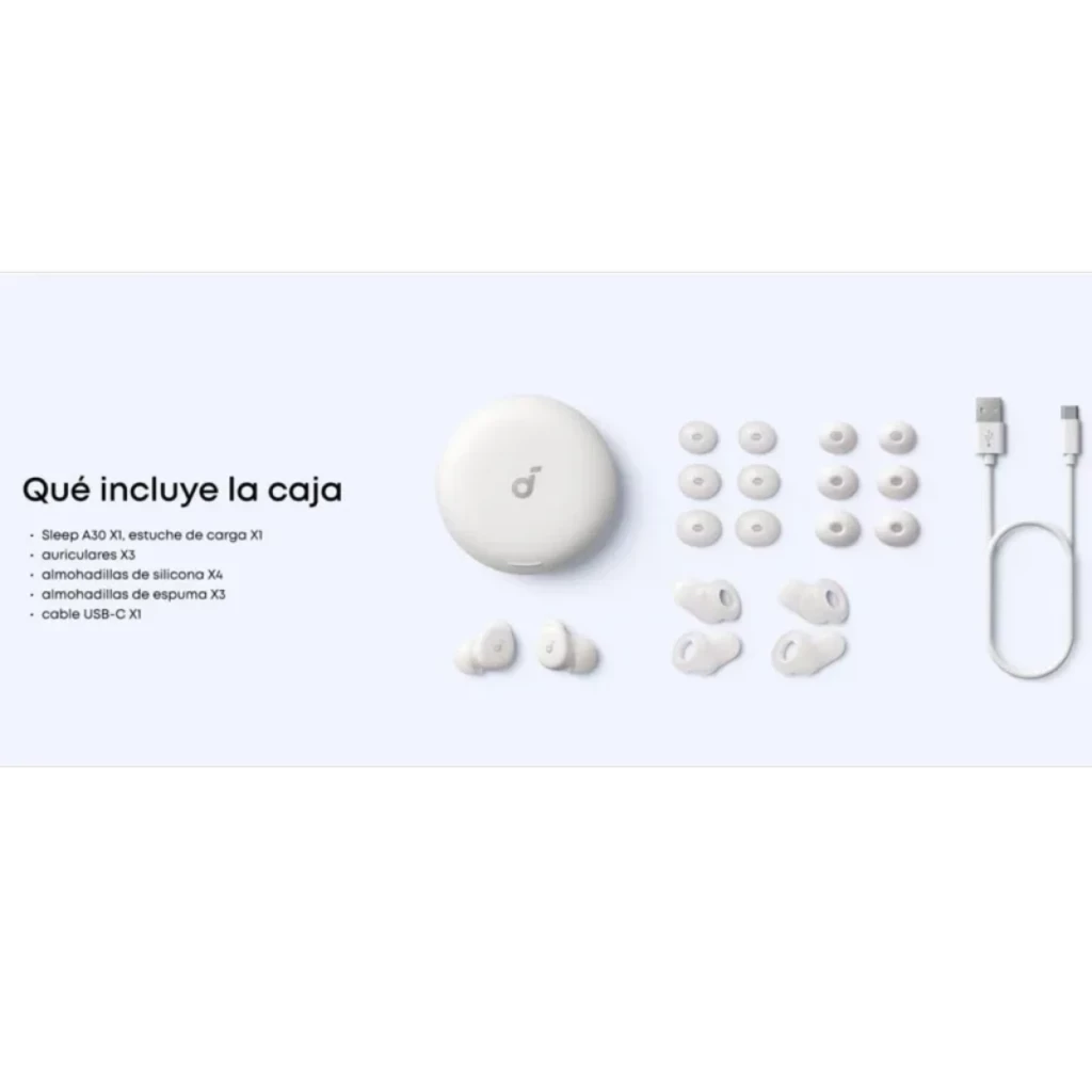 Soundcore Sleep A30 Écouteurs pour dormir Blanc avec étui de charge blanc, embouts en silicone et mousse multiples tailles, câble USB‑C inclus