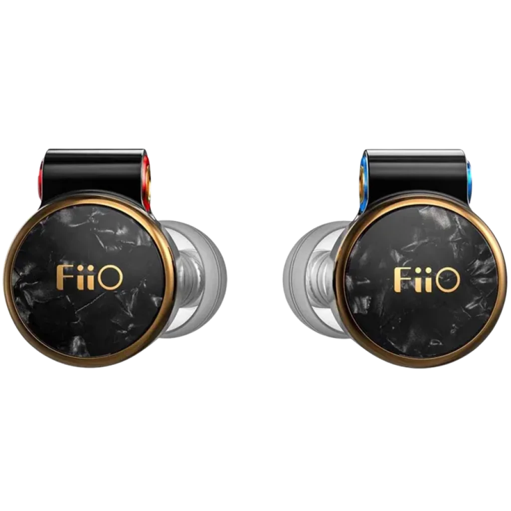 FiiO FD3 Pro 2024 auriculares in-ear con carcasa negra marmoleada, borde dorado, logo FiiO en oro y conectores rojo y azul para identificar canales