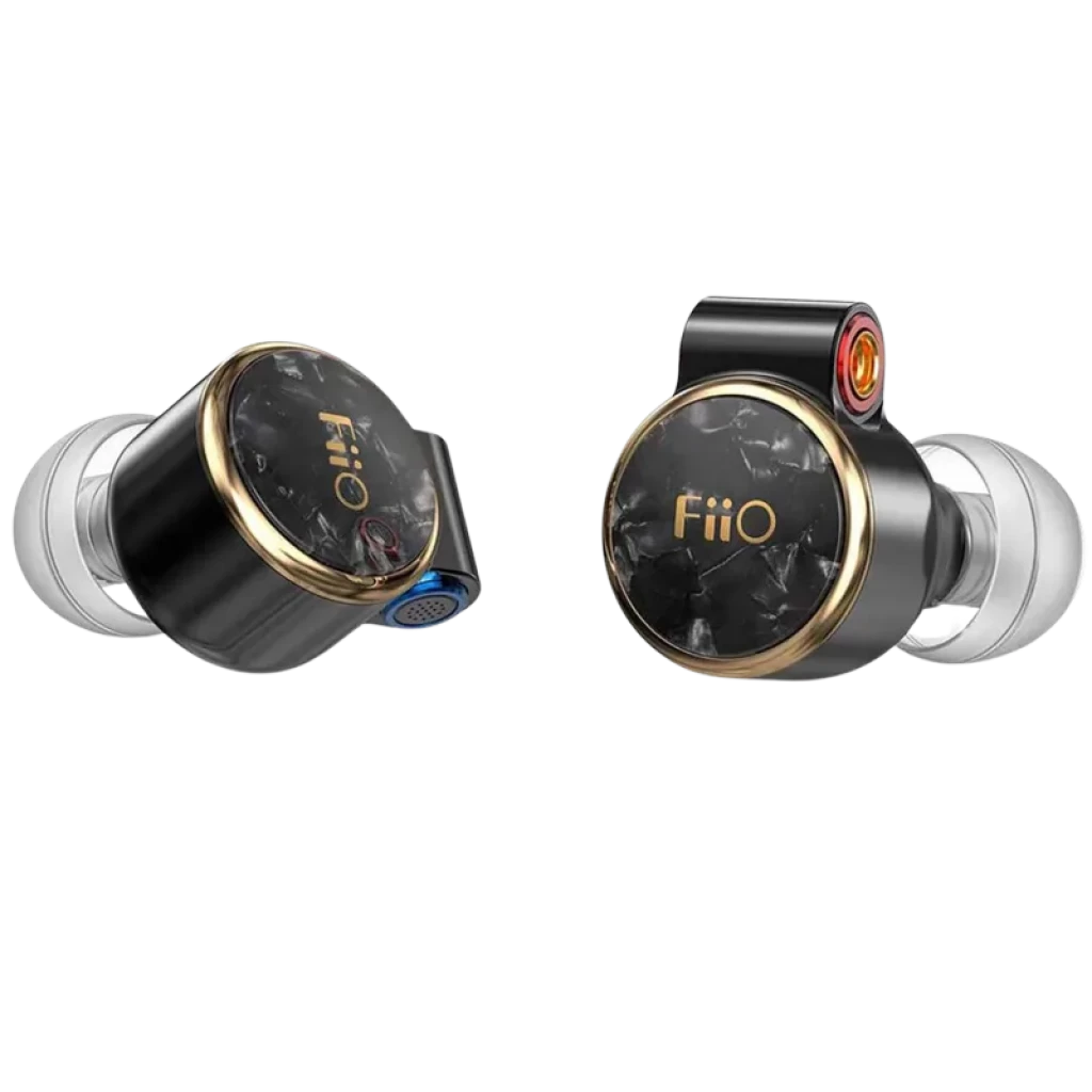 FiiO FD3 Pro 2024 auriculares in ear negros con tapa marmolada y aro dorado, boquilla intercambiable, puertos MMCX y almohadillas de silicona transparentes