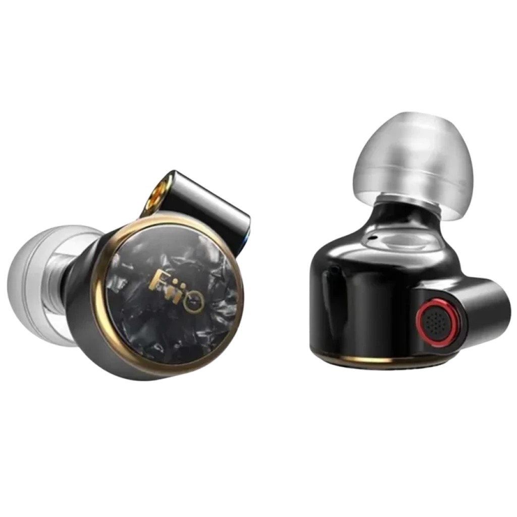 FiiO FD3 Pro 2024 auriculares in-ear negros con borde dorado, panel marmoleado, boquilla metálica plateada y detalle rojo en el puerto de ventilación