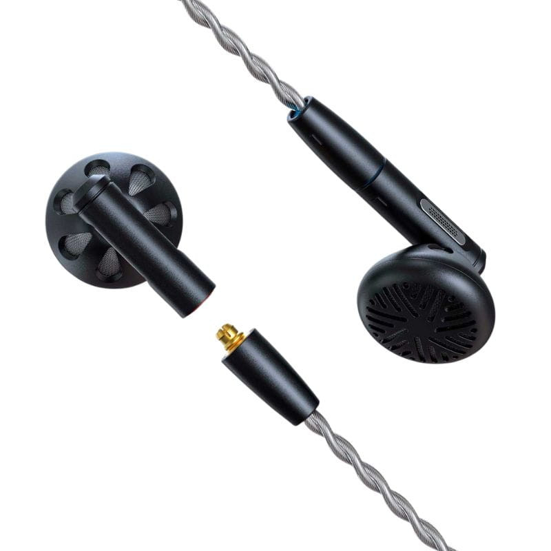 FiiO FF5 - Earbuds con diseño metálico en negro, carcasa abierta con rejilla, cable trenzado plateado y conector MMCX desmontable para fácil reemplazo