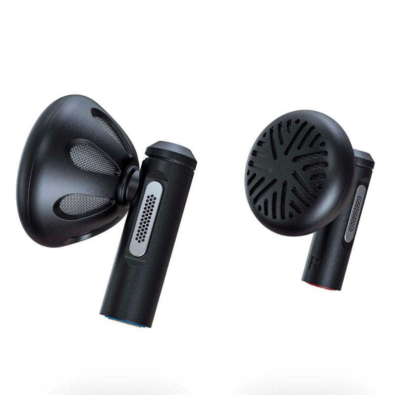 FiiO FF5 Earbuds en negro con diseño open-ear, rejillas metálicas laterales, copas ventiladas con patrón radial y marcas L/R en los tallos cilíndricos