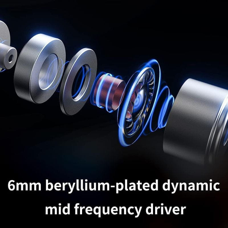 FiiO FH5s- Auriculares híbridos intrauditivos con carcasa negra, detalles cobre, rejillas frontales, anillos rojo/azul y cable trenzado transparente