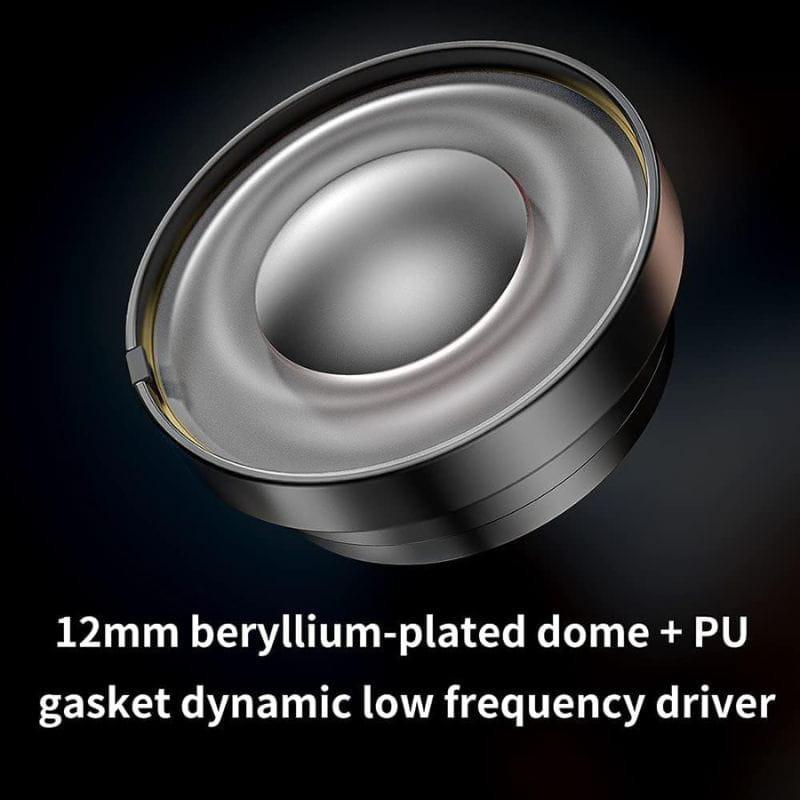 FiiO FH5s- Auriculares híbridos intrauditivos negros con detalles rojos y cobre, carcasa metálica con rejillas laterales y puntas de silicona rojas