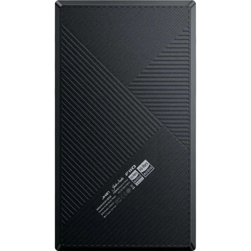 FiiO JM21 Preto com tampa traseira texturizada em padrões diagonais, cantos chanfrados e logotipos Hi-Res Audio e MQA visíveis no acabamento matte