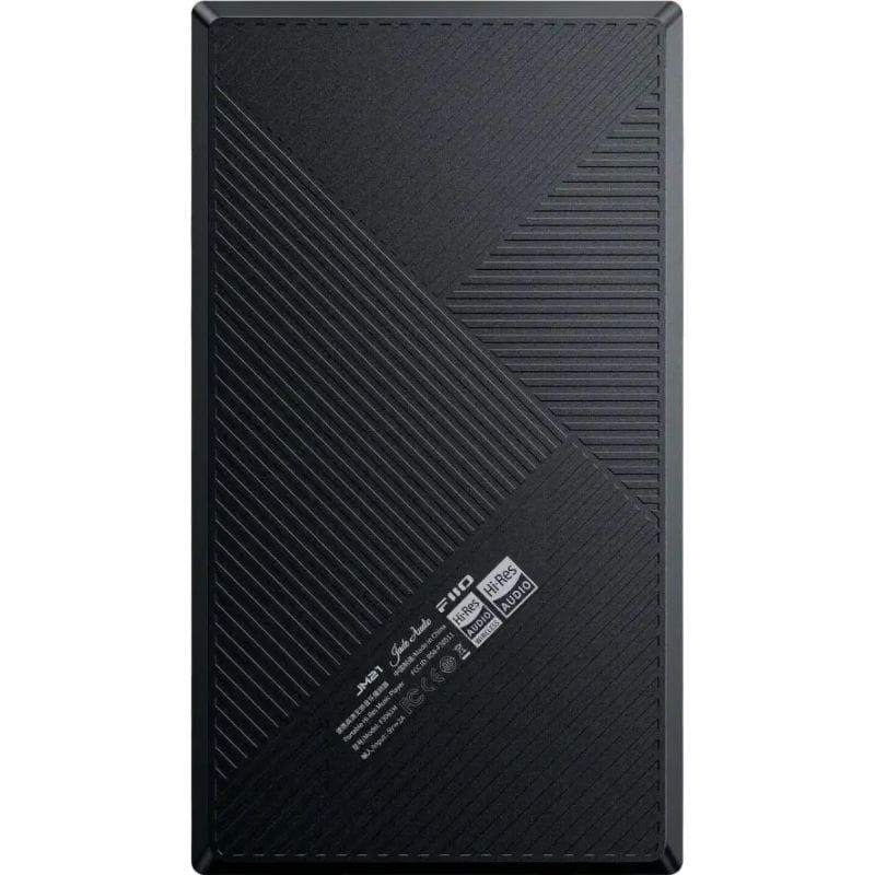 FiiO JM21 Preto com tampa traseira texturizada em padrões diagonais, cantos chanfrados e logotipos Hi-Res Audio e MQA visíveis no acabamento matte