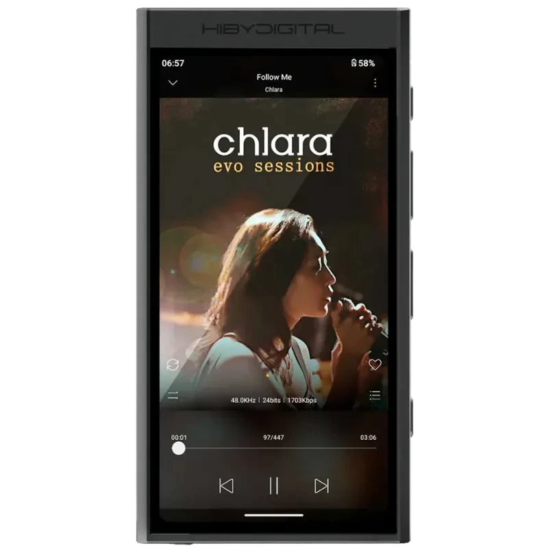 HiBy Digital M300 128 Go Noir, lecteur Hi‑Res noir à grand écran tactile affichant une jaquette d’album, bords anguleux et boutons latéraux élégants