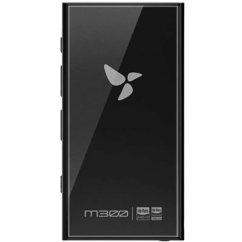 HiBy Digital M300 128 Go Noir, lecteur Hi‑Res élégant en verre noir, logo argenté, bords métalliques, boutons latéraux, icônes Hi‑Res en bas