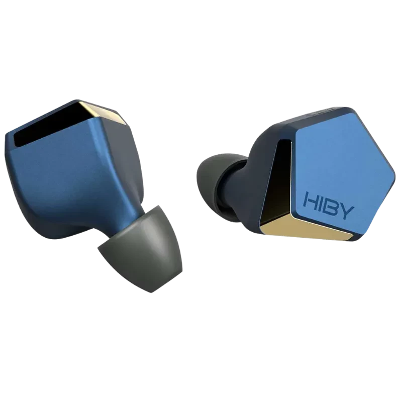 HiBy Project Ace Azul - Auriculares in-ear con carcasa azul mate, panel frontal hexagonal con acento dorado y puntas de silicona intercambiables