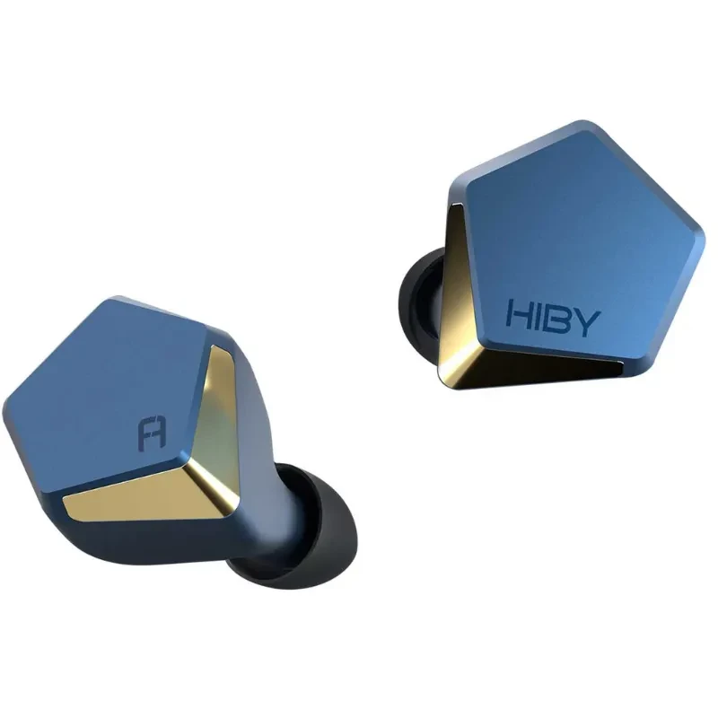 HiBy Project Ace Azul - Auriculares in-ear con carcasa pentagonal azul metálico, detalles dorados y puntas de silicona negras, diseño premium y moderno