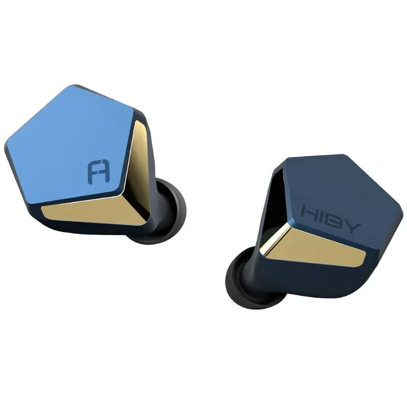 HiBy Project Ace Azul Auriculares in-ear con panel pentagonal azul, detalles dorados y cuerpo azul marino, diseño ergonómico con puntas de silicona