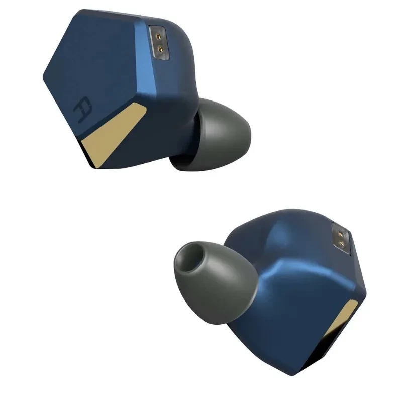 HiBy Project Ace Azul - Auriculares in-ear de aluminio azul con detalles dorados, forma geométrica, boquillas grises y conectores superiores expuestos
