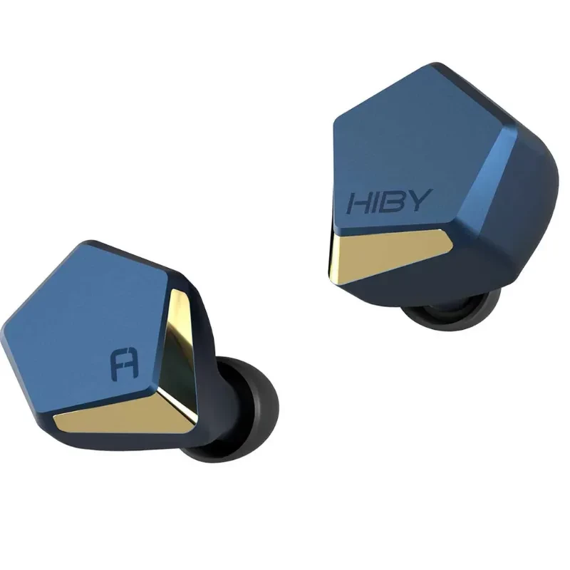 HiBy Project Ace Azul - Auriculares in-ear con carcasa azul mate geométrica, detalles dorados, logotipos HIBY y A, diseño ergonómico con puntas de silicona