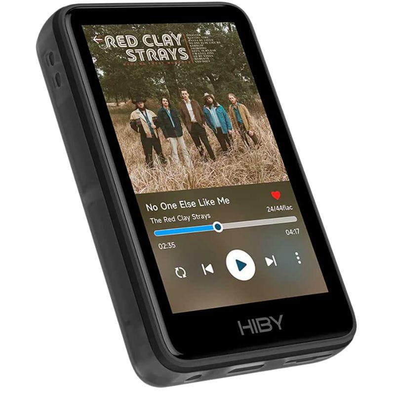 HiBy R1 Negro - Reproductor Hi-Res con pantalla a color, carcasa compacta negra, botones laterales y puerto lateral; interfaz musical con carátula y controles