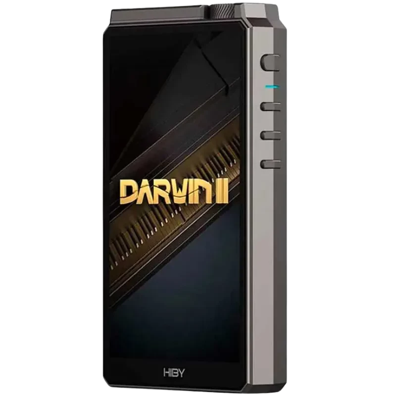 Hiby RS8 lecteur audio Hi-Res noir, grand écran, châssis métal, molette crantée, boutons latéraux, accent lumineux bleu, logo Darwin visible sur l’écran