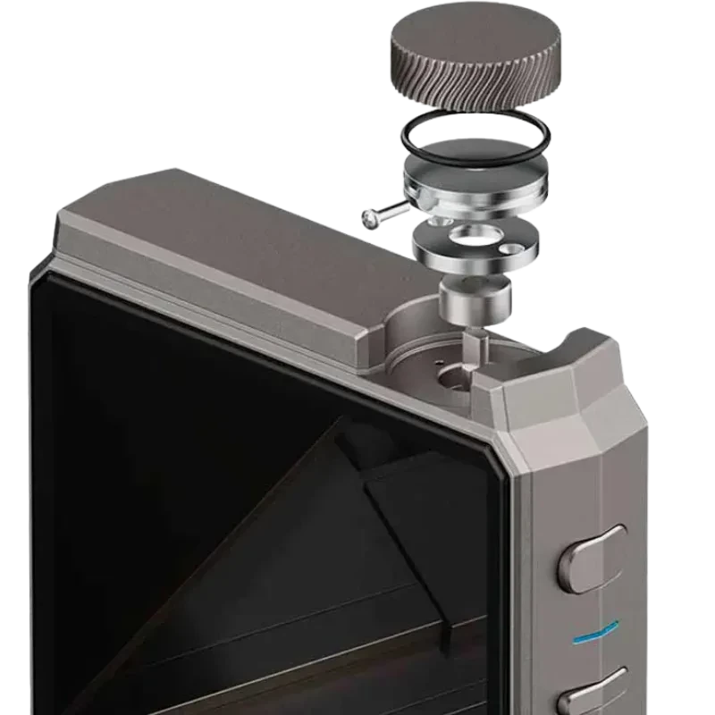 Hiby RS8 en métal avec écran noir, bouton moleté détachable et module interne exposé, finitions premium et bords angulaires élégants