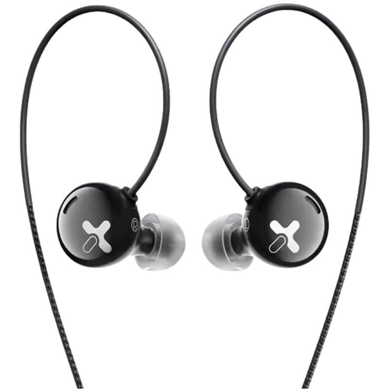 HiBy XENO Auriculares Híbridos intraurales negros, carcasa redondeada con logo X, gomas de silicona grises y cables finos con guía sobre la oreja