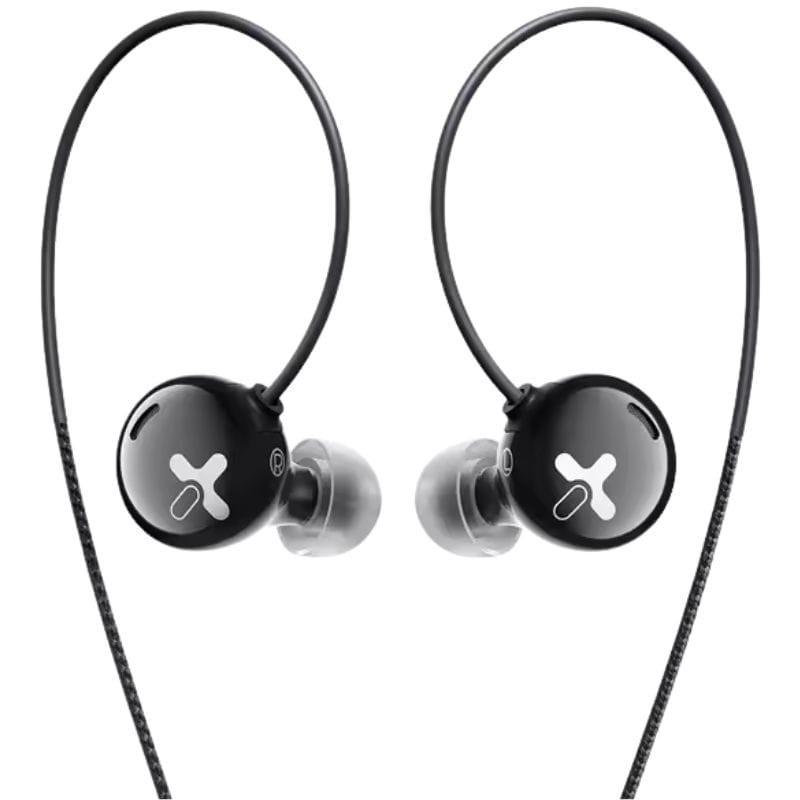 HiBy XENO Auriculares Híbridos intraurales negros, carcasa redondeada con logo X, gomas de silicona grises y cables finos con guía sobre la oreja