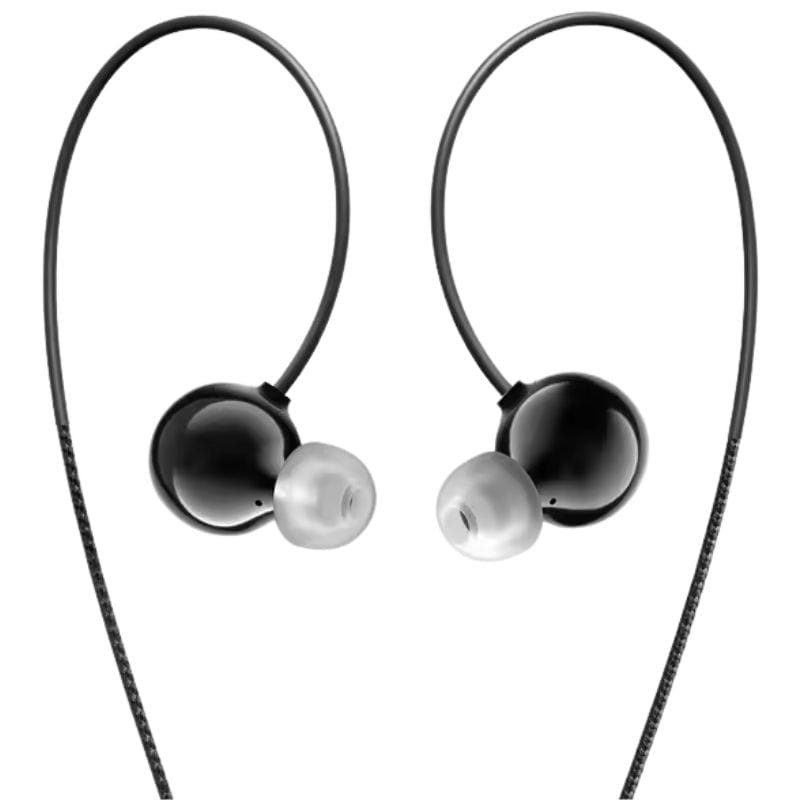 HiBy XENO Auriculares Híbridos intrauditivos negros, carcasa redondeada brillante, puntas de silicona grises y cable con guía sobre la oreja para ajuste