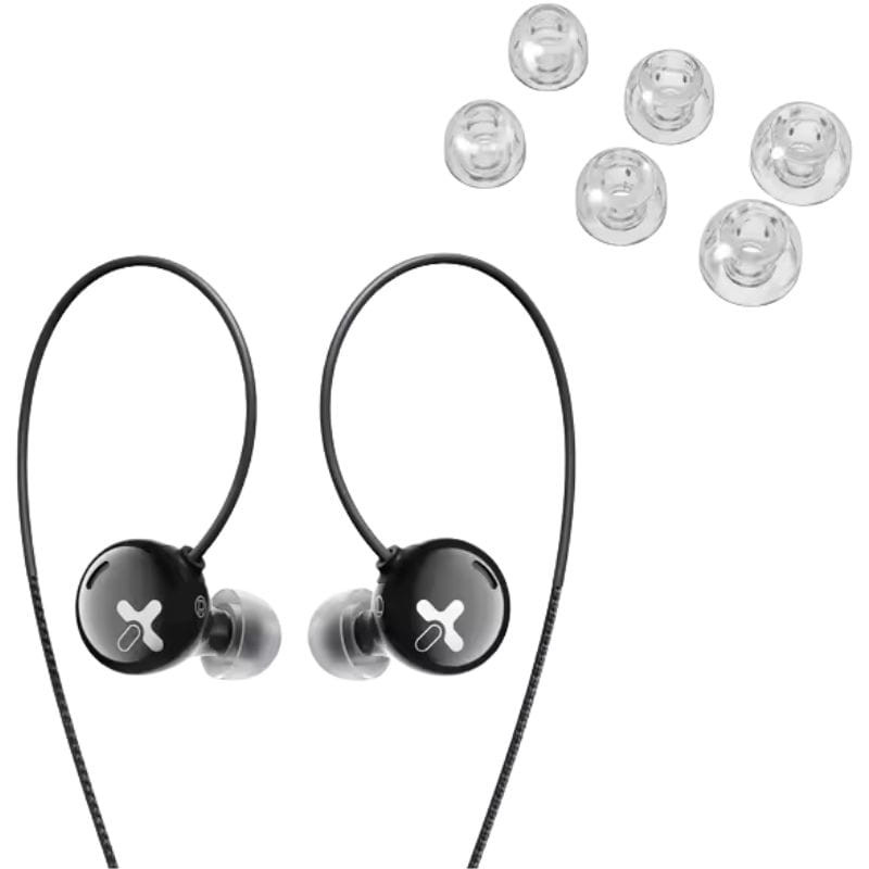 HiBy XENO Auriculares Híbridos intrauditivos negros con cable sobre la oreja, carcasa redonda con logo X y juego de 6 almohadillas de silicona transparentes