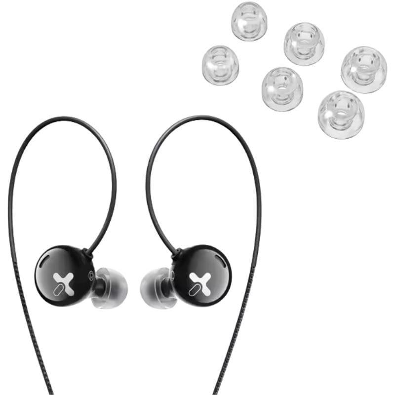 HiBy XENO Auriculares Híbridos intrauditivos negros con cable sobre la oreja, carcasa redonda con logo X y juego de 6 almohadillas de silicona transparentes