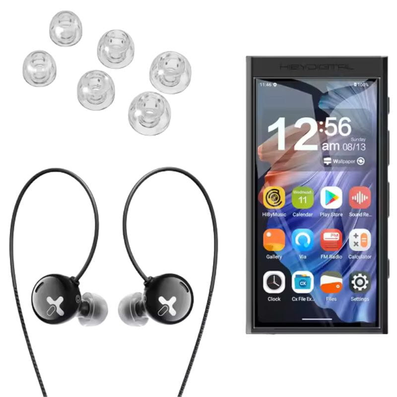 HiBy XENO Auriculares Híbridos con cable negro, cápsulas negras con logo X, puntas de silicona intercambiables y reproductor portátil con pantalla táctil